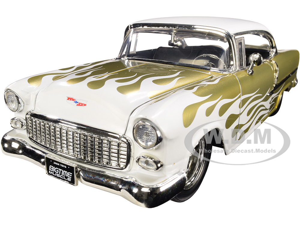 1955 Chevrolet Bel Air White and Gold with Flames Bigtime Muscle Series 1/24 Diecast Model Car by Jada