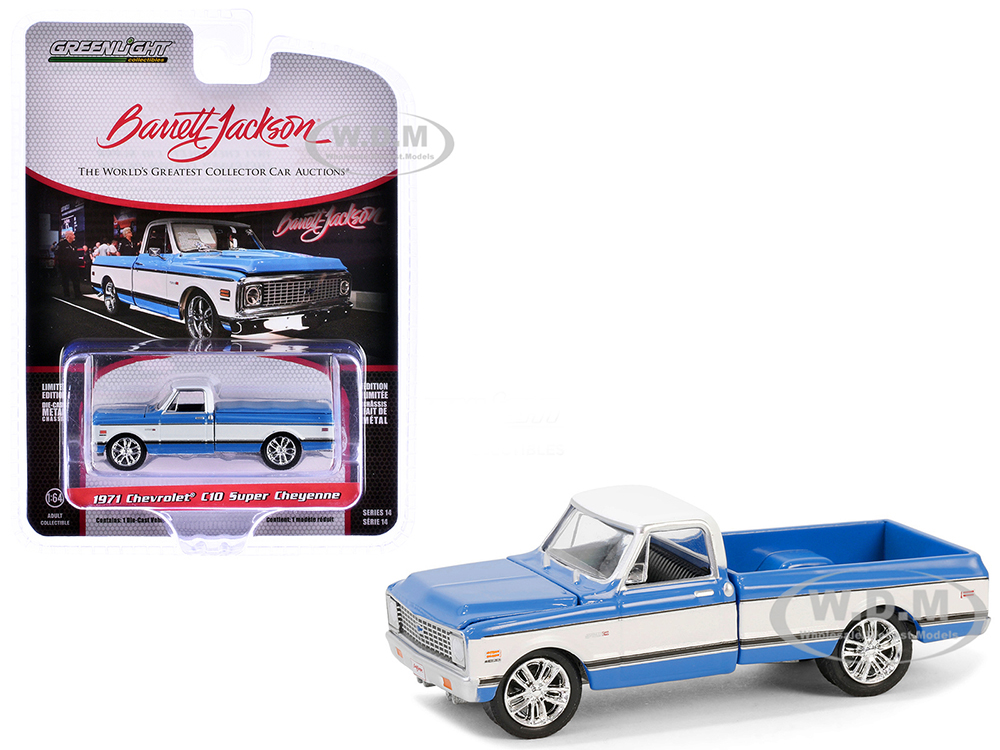 1971 Chevrolet C10 Super Cheyenne Custom Pickup Truck Blue and White (Palm Beach 2023) Barrett Jackson Scottsdale Edition Series 14 1/64 Diecast Model Car by Greenlight