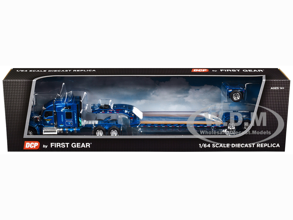 Kenworth W990 with 76 Mid-Roof Sleeper and Fontaine Magnitude Lowboy Tri-Axle Trailer with Flip Axle Blue Western Distributing 1/64 Diecast Model by DCP/First Gear