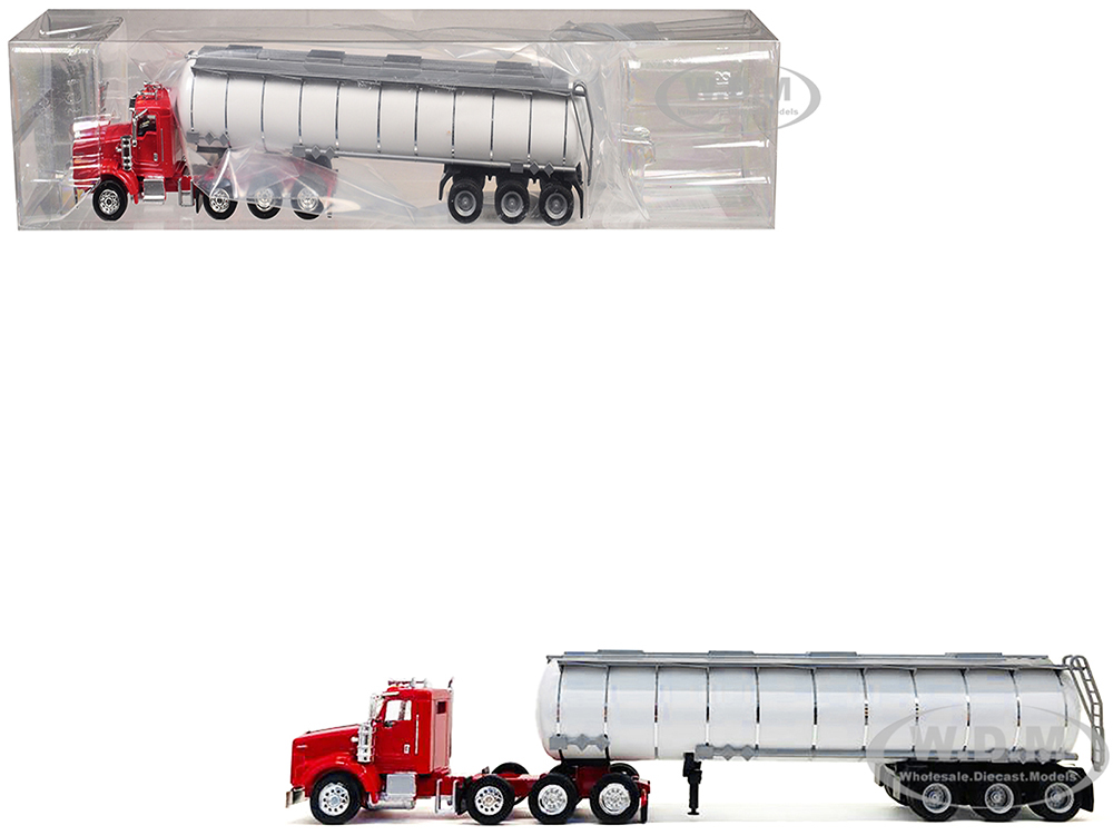 Kenworth T800 Tag Axle Red with White Chemical Tanker Trailer 1/87 (HO) Plastic Model Car by Promotex