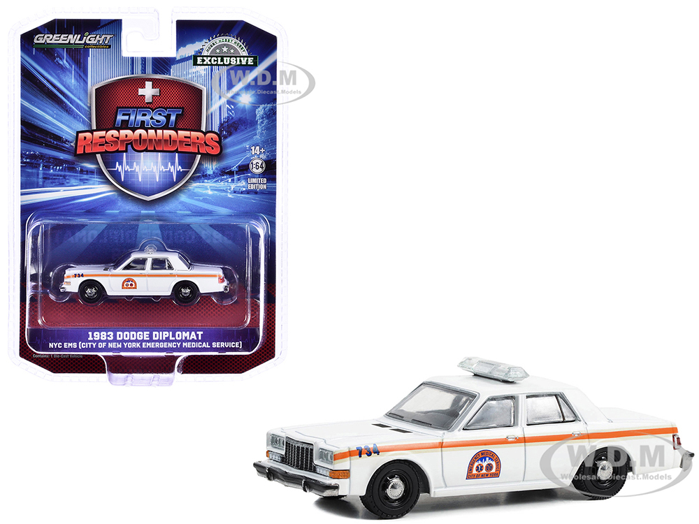 1983 Dodge Diplomat NYC EMS (City of New York Emergency Medical Service) White with Orange Stripes First Responders - Hobby Exclusive Series 1/64 Diecast Model Car by Greenlight