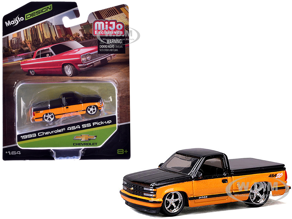 1993 Chevrolet 454 SS Pickup Truck Black and Orange Metallic "Maisto Design" Series 1/64 Diecast Model Car by Maisto