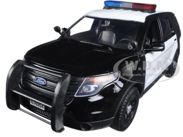 2015 Ford Police Interceptor Utility Black and White with Flashing Light Bar and Front and Rear Lights and 2 Sounds 1/24 Diecast Model Car by Motorma