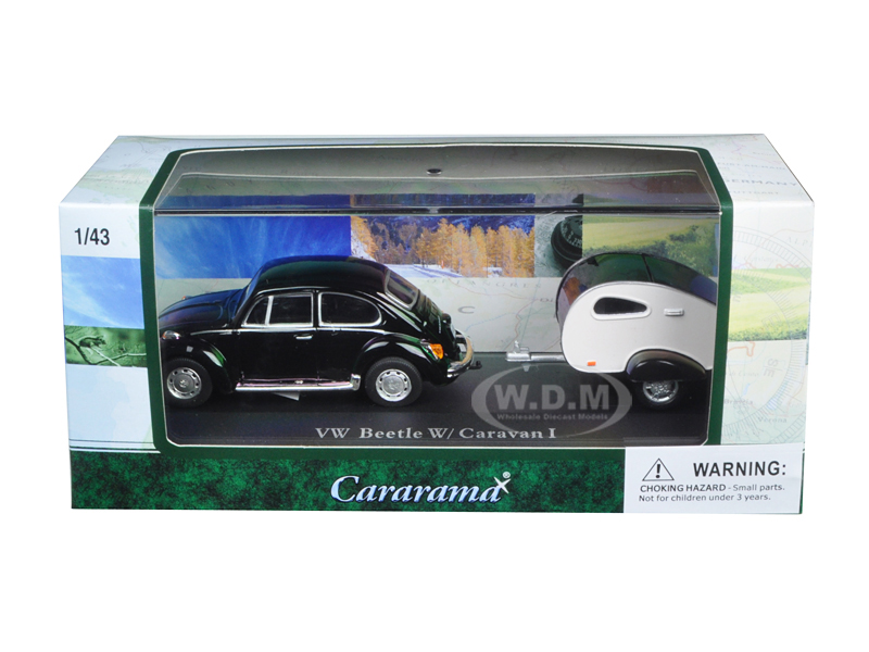 Volkswagen Beetle Black With Caravan I Trailer And Display Case 1/43 Diecast Car Model By Cararama