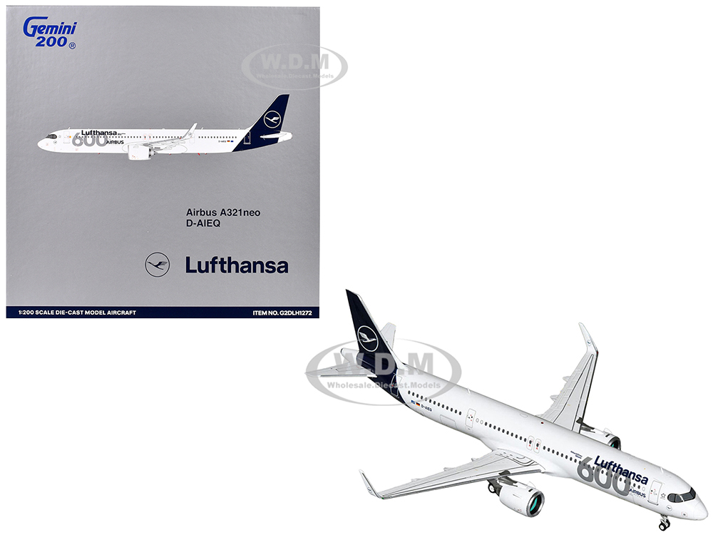 Airbus A321neo Commercial Aircraft Lufthansa - 600th Airbus Aircraft (D-AIEQ) White with Dark Blue Tail Gemini 200 Series 1/200 Diecast Model Airplane by GeminiJets