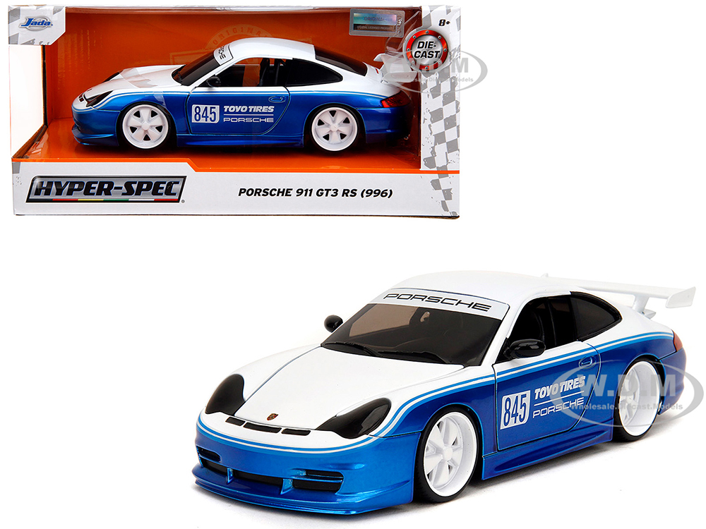 Porsche 911 GT3 RS (996) 845 White and Blue Metallic "Toyo Tires" "Hyper-Spec" Series 1/24 Diecast Model Car by Jada