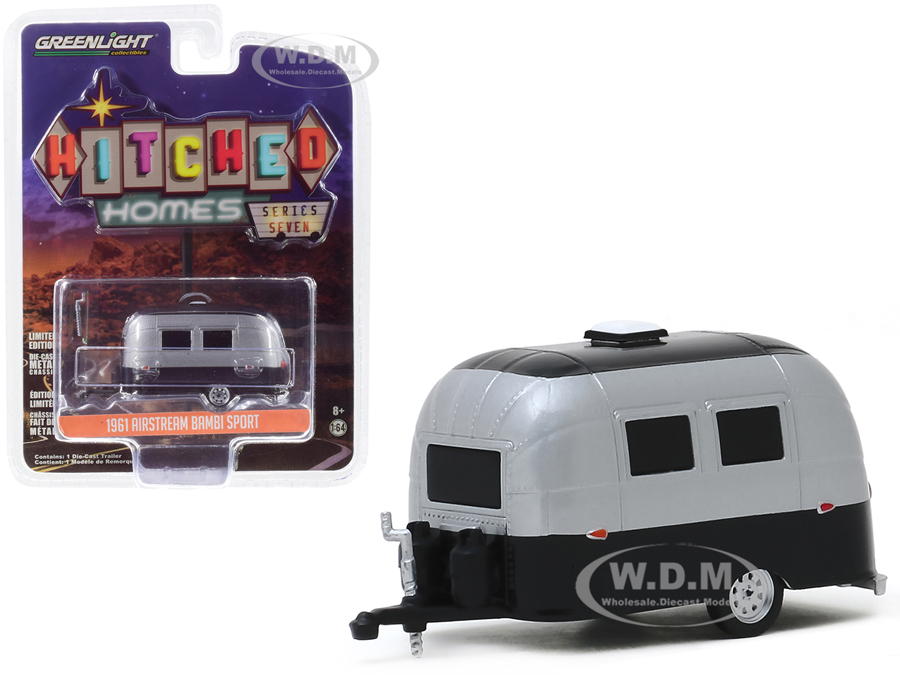 1961 Airstream 16 Bambi Sport Travel Trailer Silver Metallic And Black "hitched Homes" Series 7 1/64 Diecast Model By Greenlight