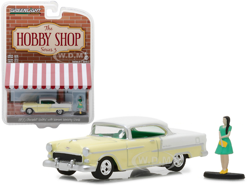 1955 Chevrolet Bel Air Yellow With Woman In Dress "the Hobby Shop" Series 3 1/64 Diecast Model Car By Greenlight