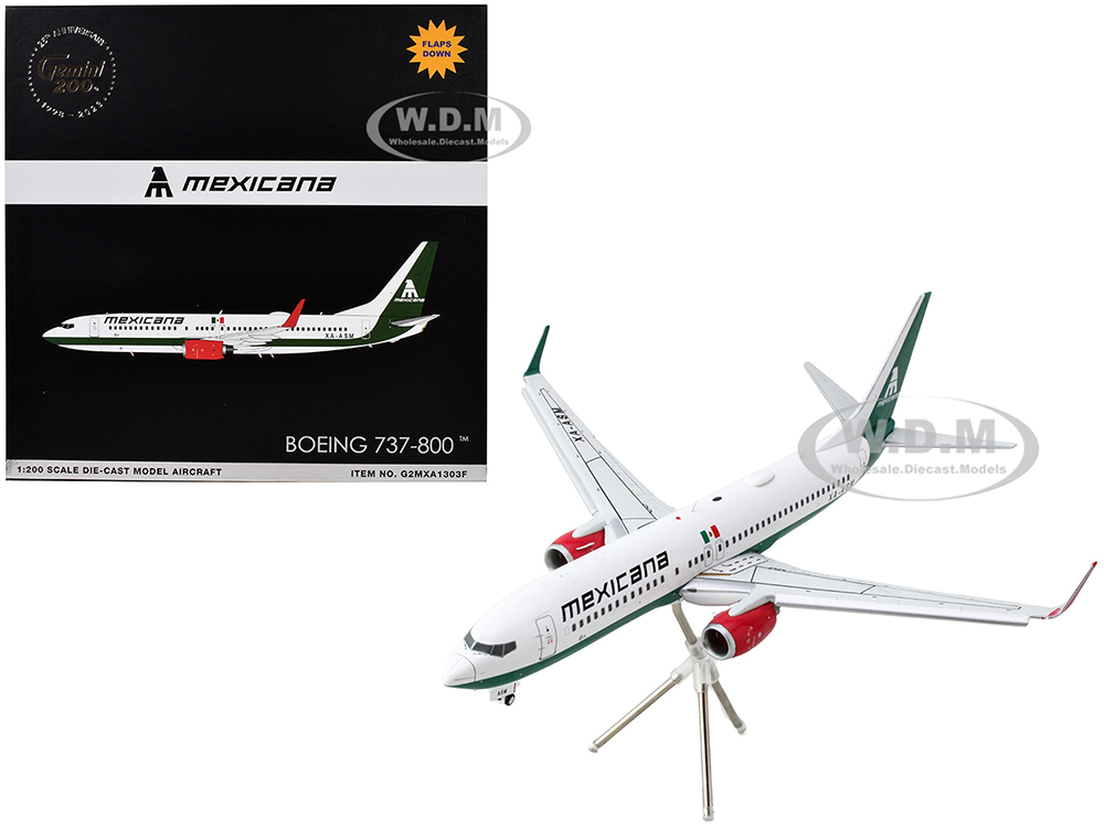 Boeing 737-800 Commercial Aircraft with Flaps Down Mexicana (XA-ASM) White with Green Stripes Gemini 200 Series 1/200 Diecast Model Airplane by GeminiJets