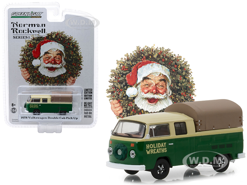 1978 Volkswagen Double Cab Pickup With Canopy "holiday Wreaths" Green And Yellow "norman Rockwell Delivery Vehicles" Series 1 1/64 Diecast Model By G