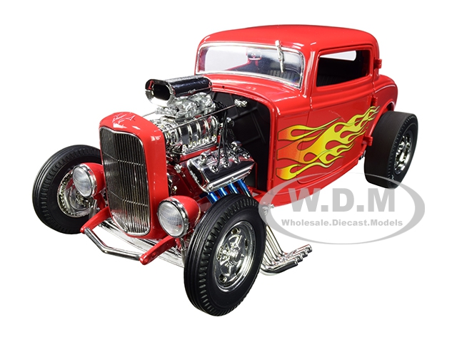 1932 Ford Blown 3 Window Hot Rod "flamethrower" Red With Flames Limited Edition To 522 Pieces Worldwide 1/18 Diecast Model Car By Acme