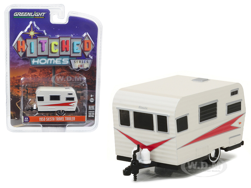 1959 Siesta Travel Trailer Silver And Red 1/64 Diecast Model By Greenlight