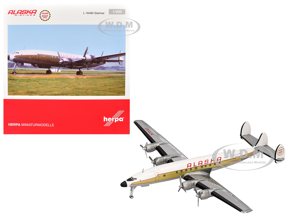 Lockheed L-1649A Starliner Commercial Aircraft Alaska Airlines - Golden Nugget Service (N7316C) White and Gold with Red Stripes 1/200 Diecast Model Airplane by Herpa