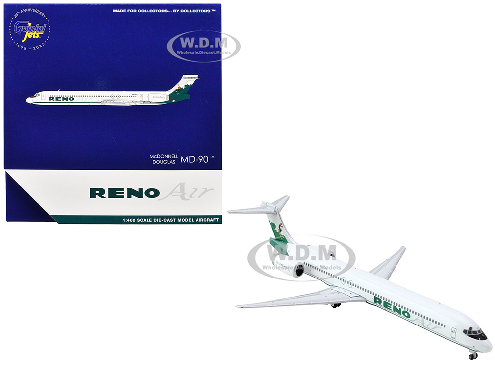 McDonnell Douglas MD-90 Commercial Aircraft Reno Air (N905RA) White With Green Tail 1/400 Diecast Model Airplane By GeminiJets