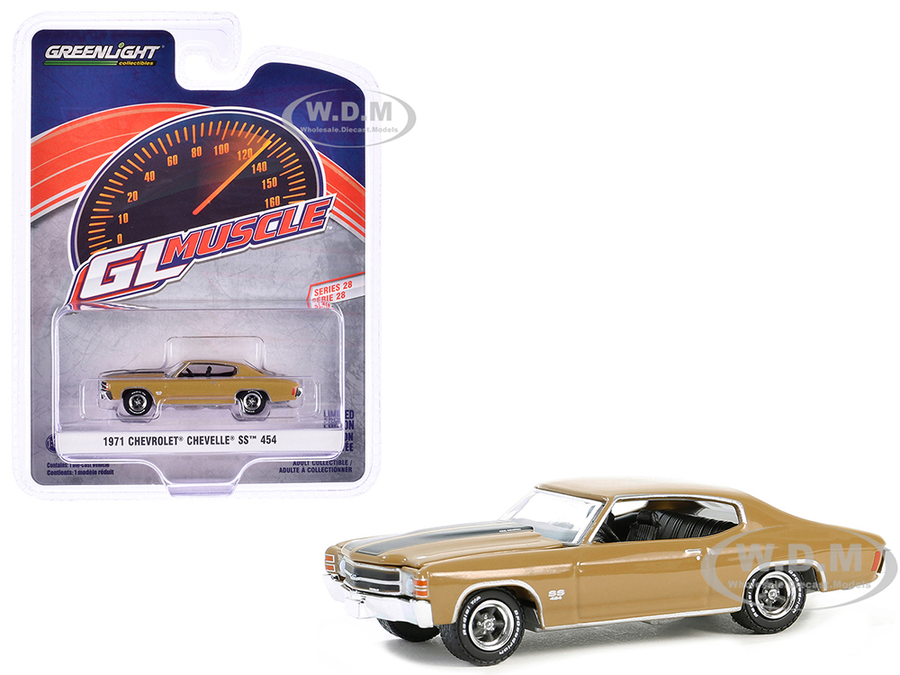 1971 Chevrolet Chevelle SS 454 Placer Gold Metallic with Black Hood Stripes GreenLight Muscle Series 28 1/64 Diecast Model Car by Greenlight